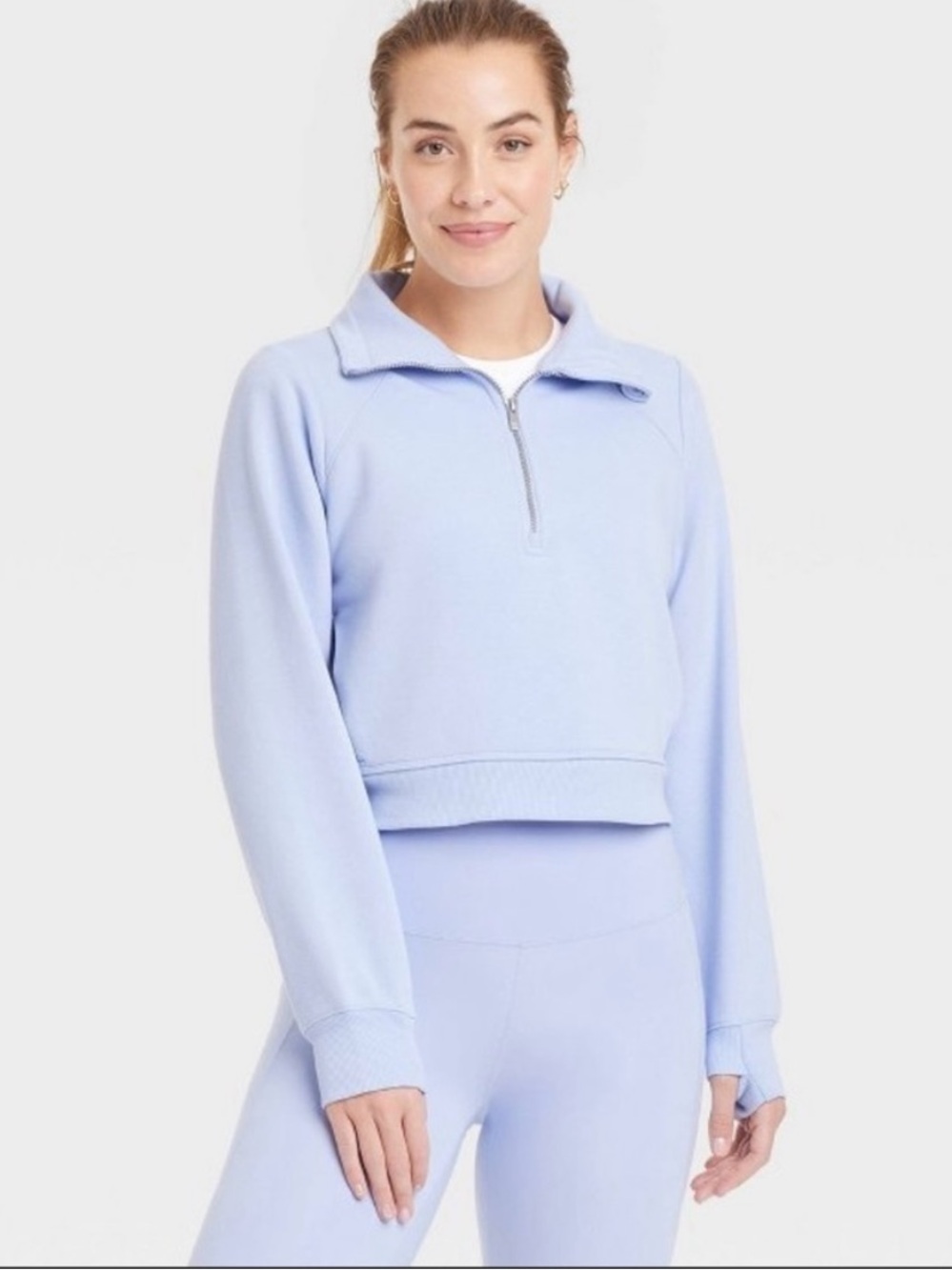 Light Blue Half-Zip Cropped Sweatshirt - Women